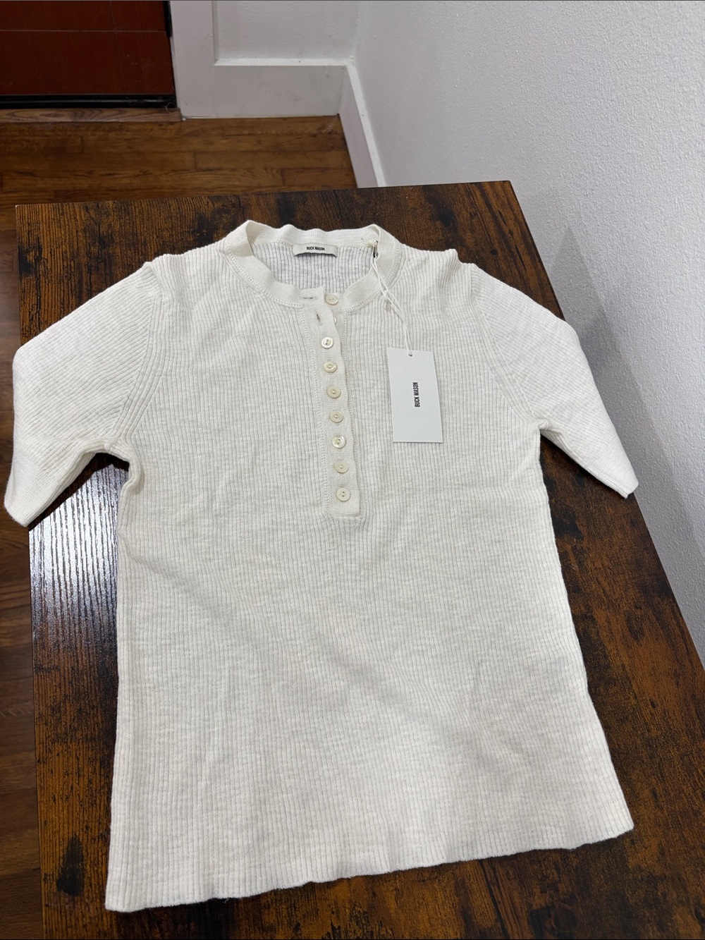 Buck Mason Women’s Coastal Linen Rib Henley Top Medium Soft White Short Sleeve